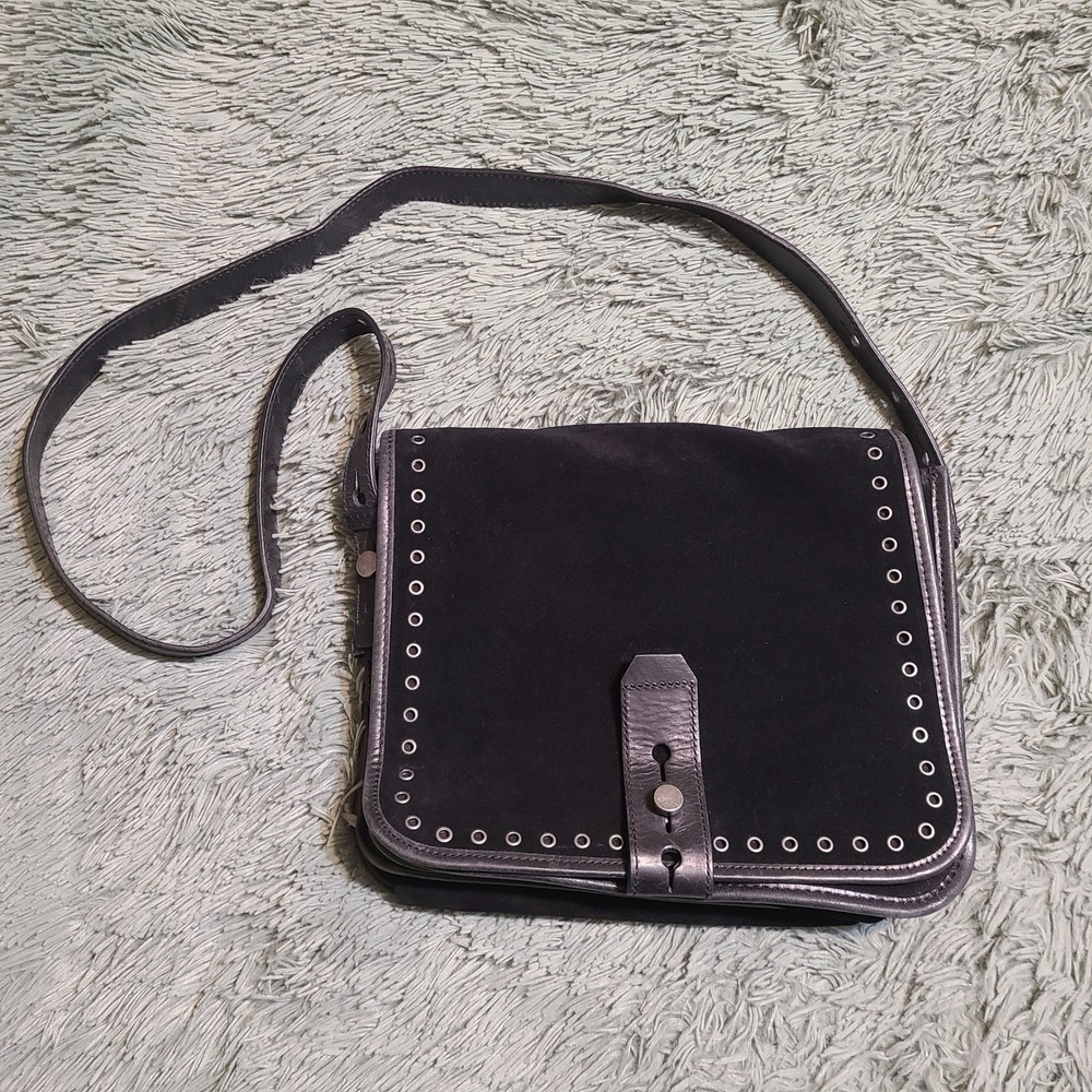 Lucky Brand Rose Crossbody Black‎ Suede Leather Gussetted Bag Studded Handbag